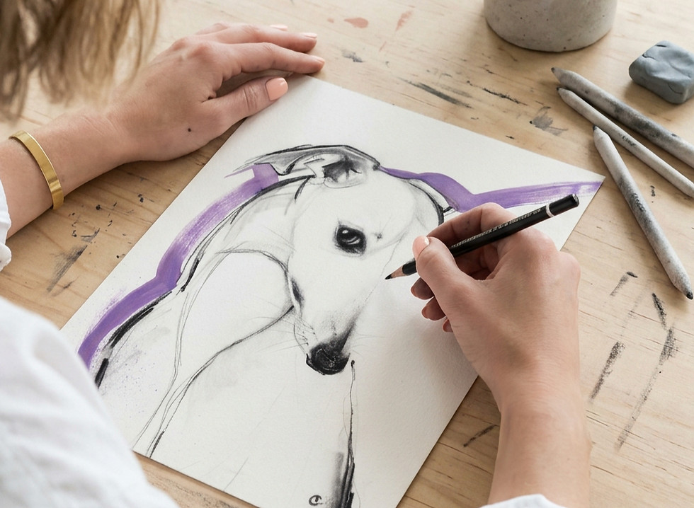 Custom whippet portrait in progress, artist sketching a hand drawn dog commission in the Poochini studio.