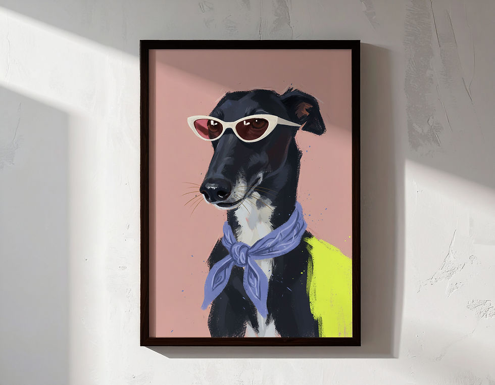 Signature custom dog portrait example featuring a greyhound in sunglasses, painted in acrylic and oil pastel by Carla Tracy