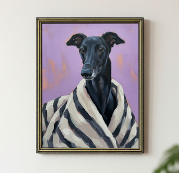 Blanket Hog, contemporary art print, black whippet portrait, artwork by Carla Tracy displayed in a vintage gold frame in a minimalist white interior