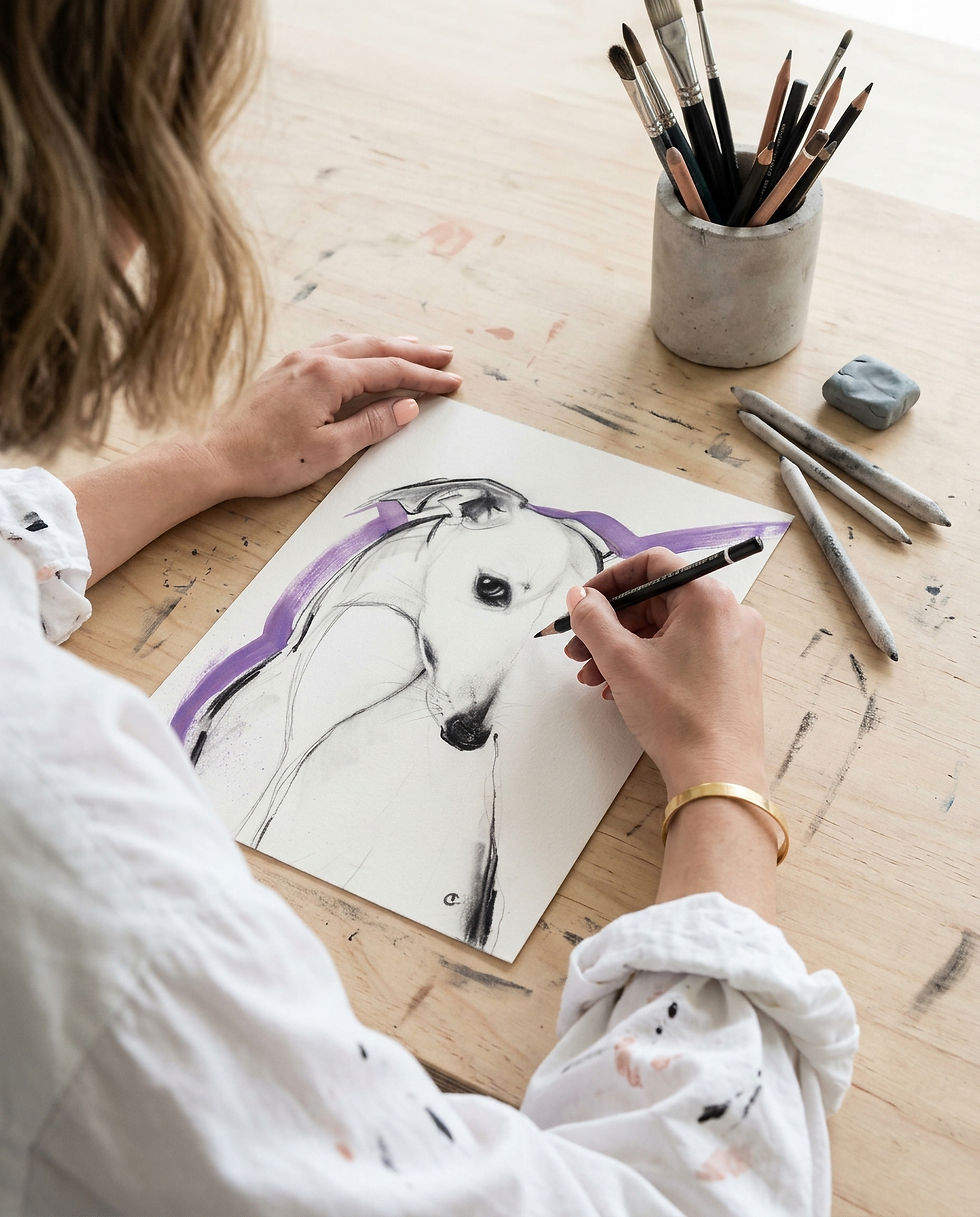 Dog portrait drawing in progress, hand drawn whippet sketch by dog portrait artist Carla Tracy