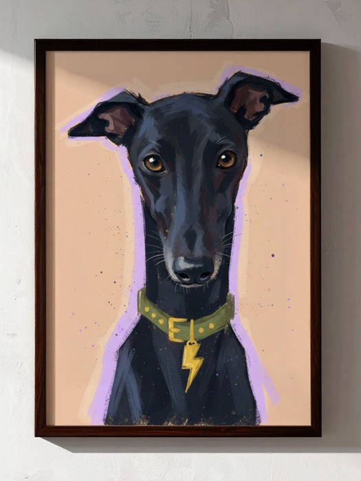 Framed contemporary greyhound dog portrait with bold colour and painterly detail