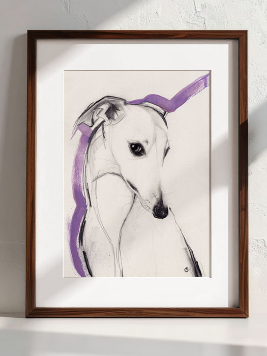 Framed minimalist whippet dog portrait with clean line work and soft purple accents by Carla Tracy