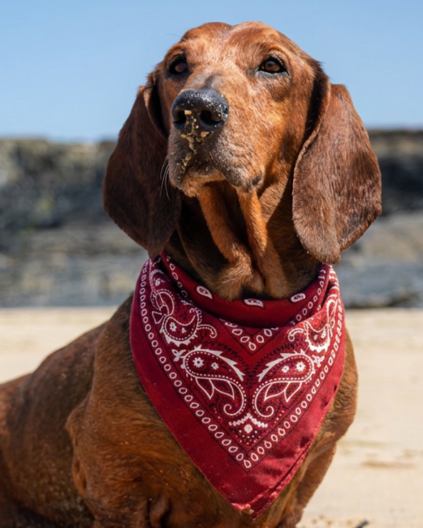Dachshund wearing a red bandana, showing how favourite accessories can be included in a portrait.