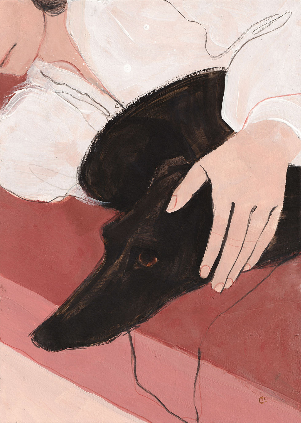 Where You Rest contemporary dog painting of a black whippet resting across a person’s lap beneath a gently placed hand