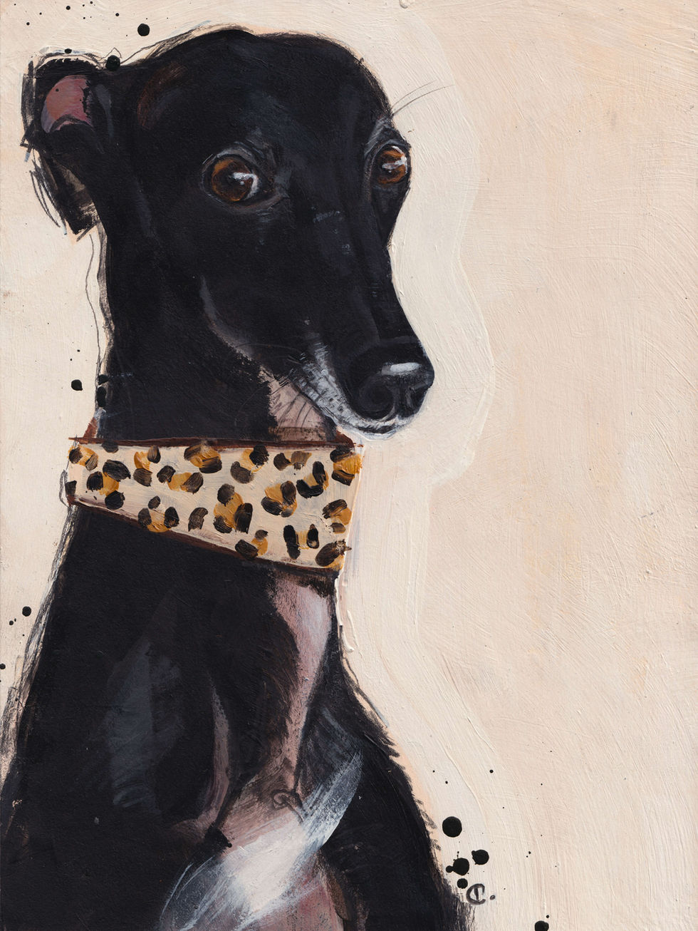 The Magic Word, a contemporary black whippet portrait by Carla Tracy, featuring an alert expression and leopard-print collar