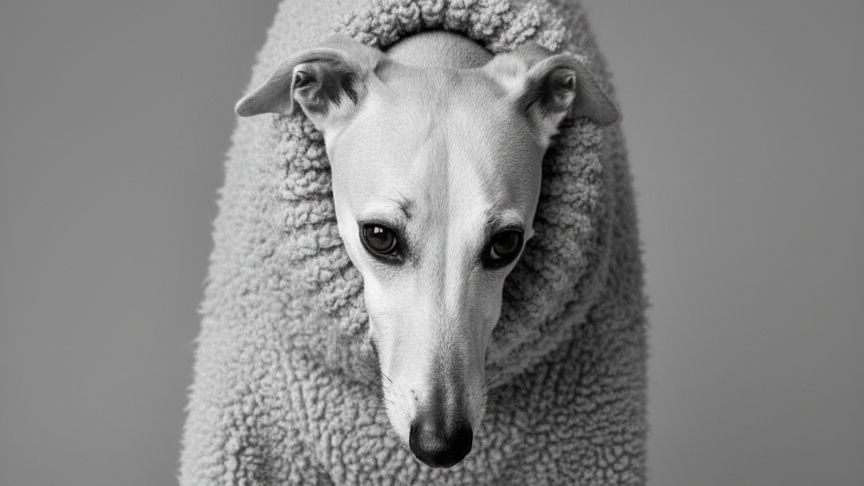 photo portrait of a whippet standing wearing a fluffy jumper