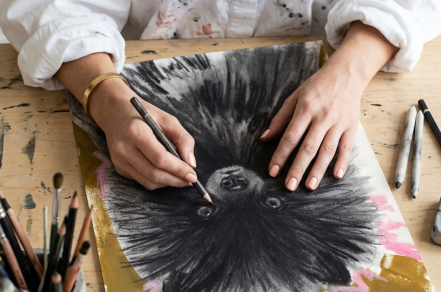 Artist drawing a custom Pomeranian dog portrait by hand as part of the Poochini pet portrait commission process in the studio
