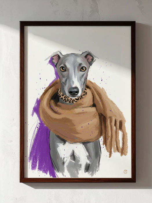 Cashmere Season original whippet hand painted artwork by Carla Tracy, featuring a whippet wearing a camel scarf