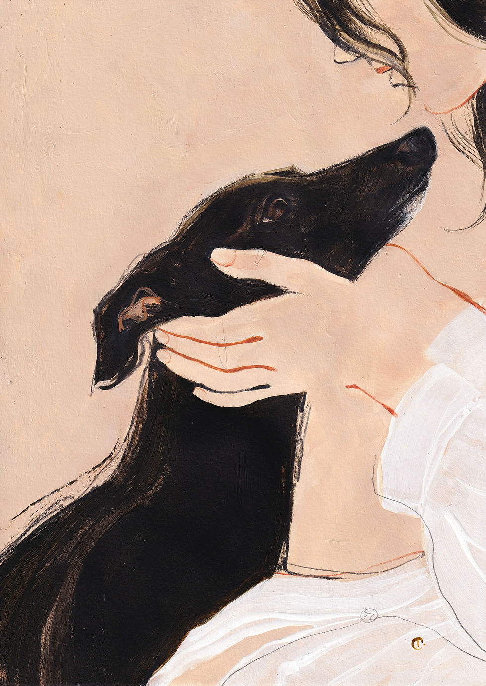 Held original contemporary dog portrait painting of a black whippet reaching towards a person gently cradling its head