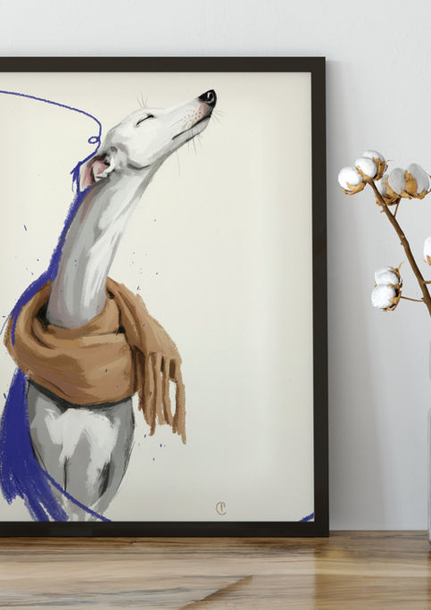 Winter Reverie, original whippet artwork by Carla Tracy displayed in a contemporary interior