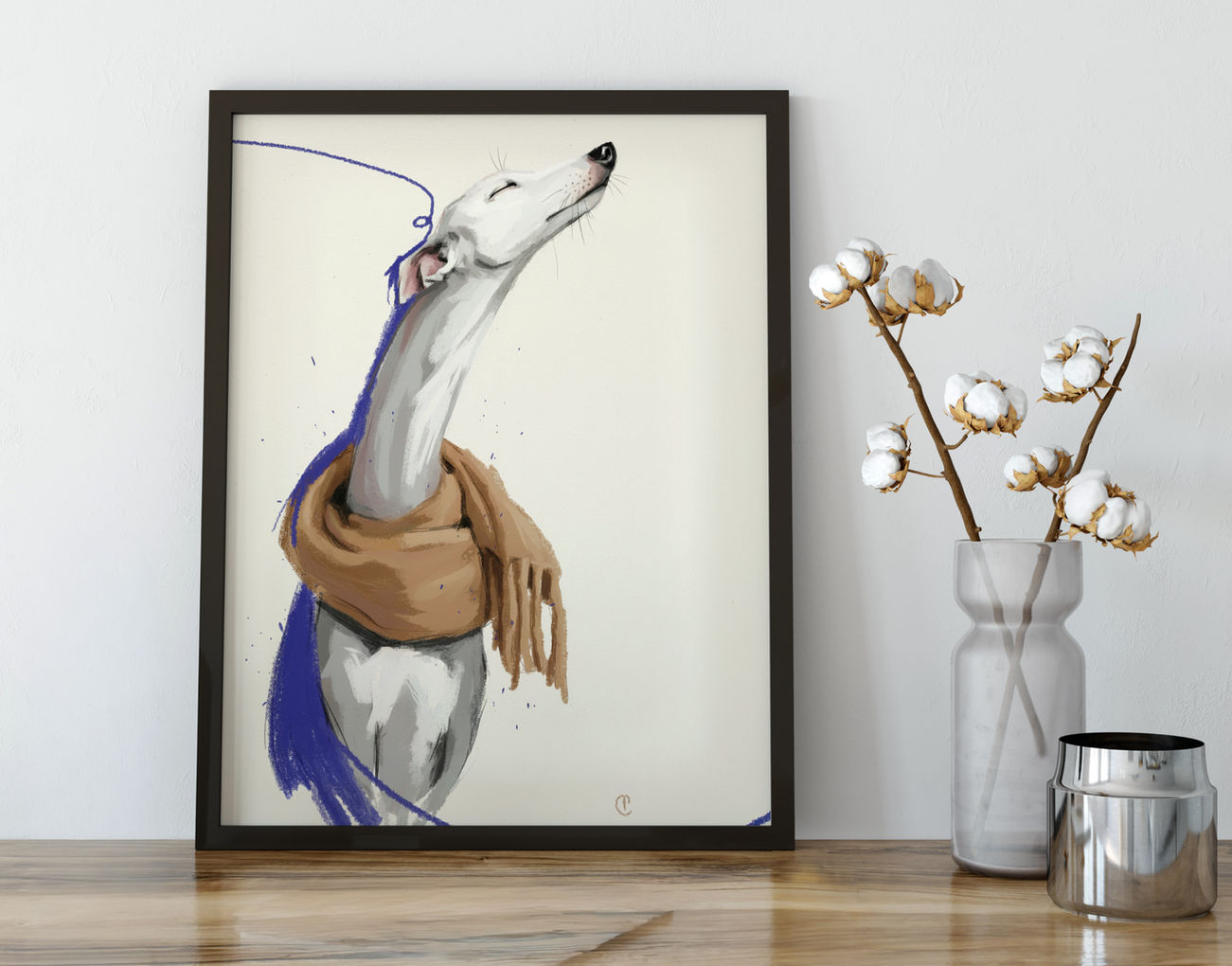 Winter Reverie, original whippet artwork by Carla Tracy displayed in a contemporary interior
