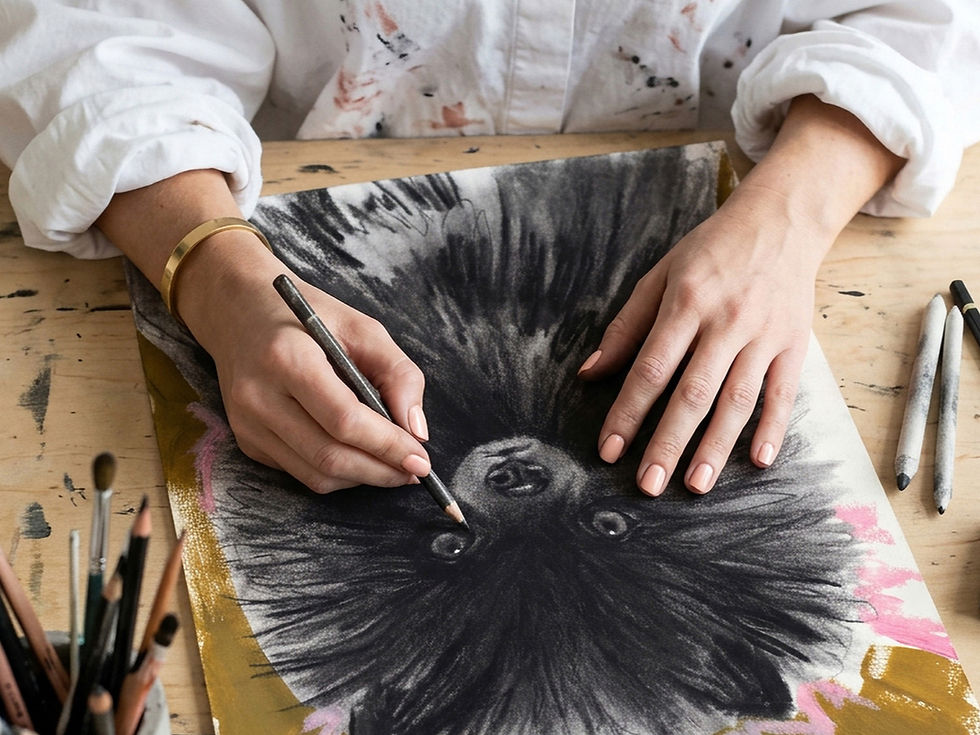 Carla Tracy Artist completing details on Floofie Floofie, a contemporary dog portrait demonstrating the Signature commission style