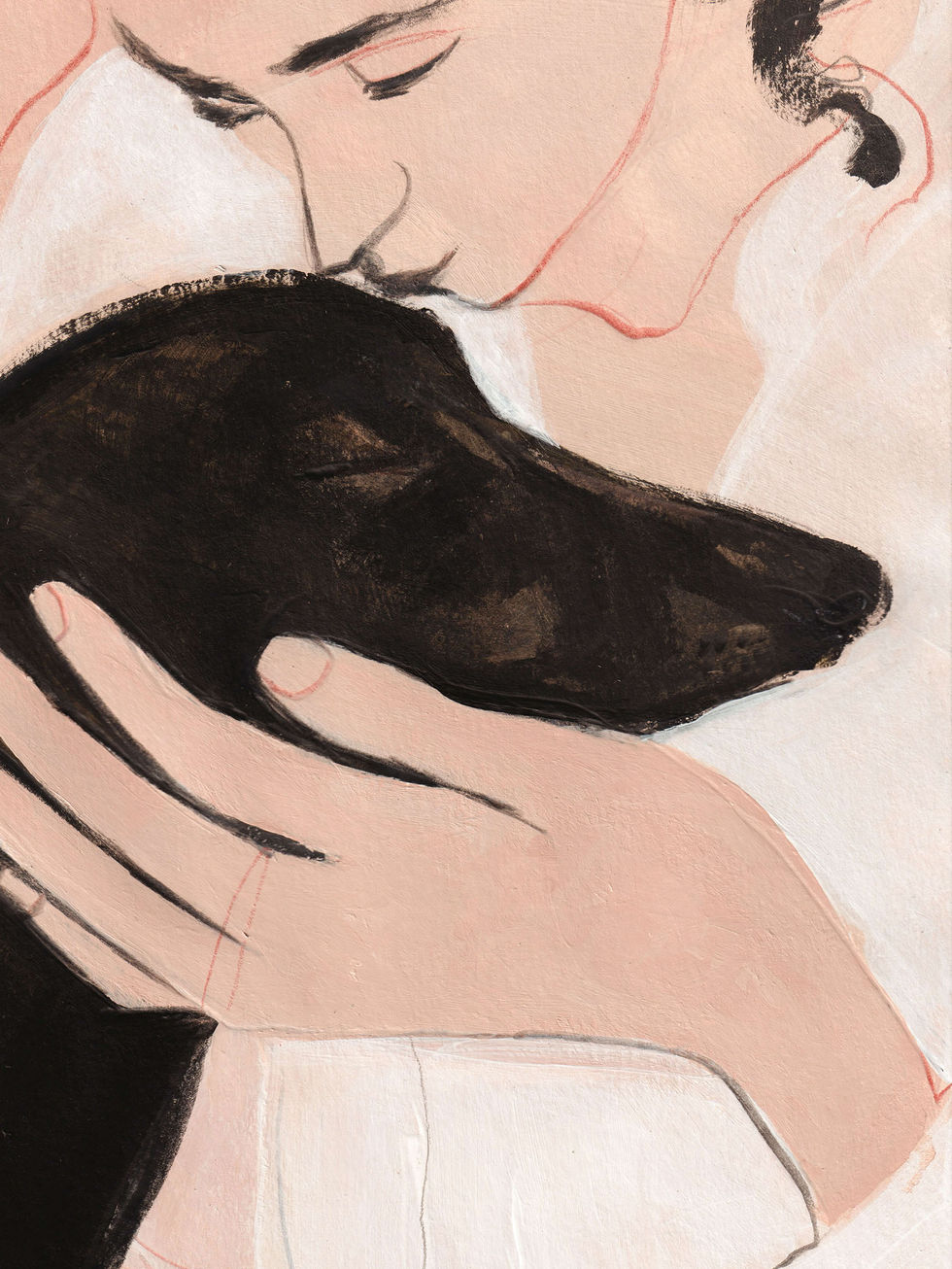 Close-up of the black whippet’s head resting within two hands in Beloved