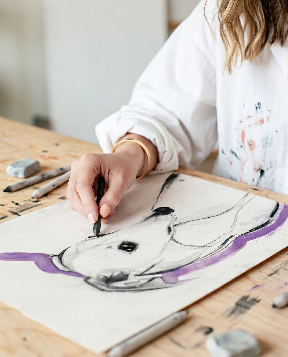 Close-up of Carla Tracy sketching a whippet dog portrait with charcoal on paper in her studio