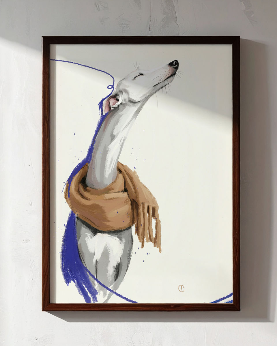Winter Reverie original whippet modern artwork of a whippet wearing a scarf by Carla Tracy, displayed in a walnut frame with on a white wall.