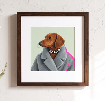 Little Icon dachshund portrait from the Signature Tier collection, displayed in a walnut frame with white mount