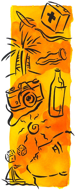 first aid kit, plane, palm trees, camera, bottle, sun, boat, dice, and face on yellow & orange 