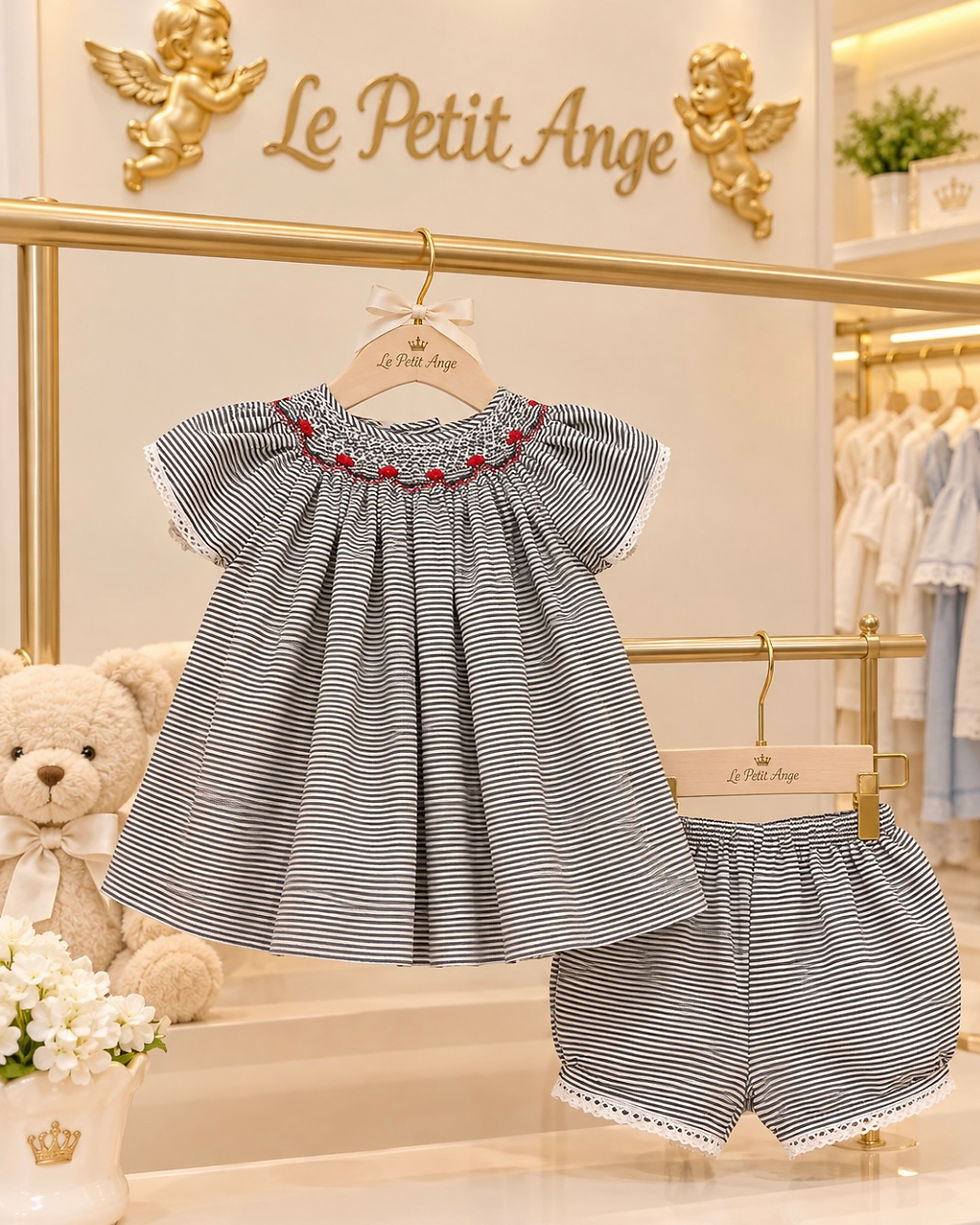 Miniatura: Vestido listrado marinho ponto smoke com bordado 