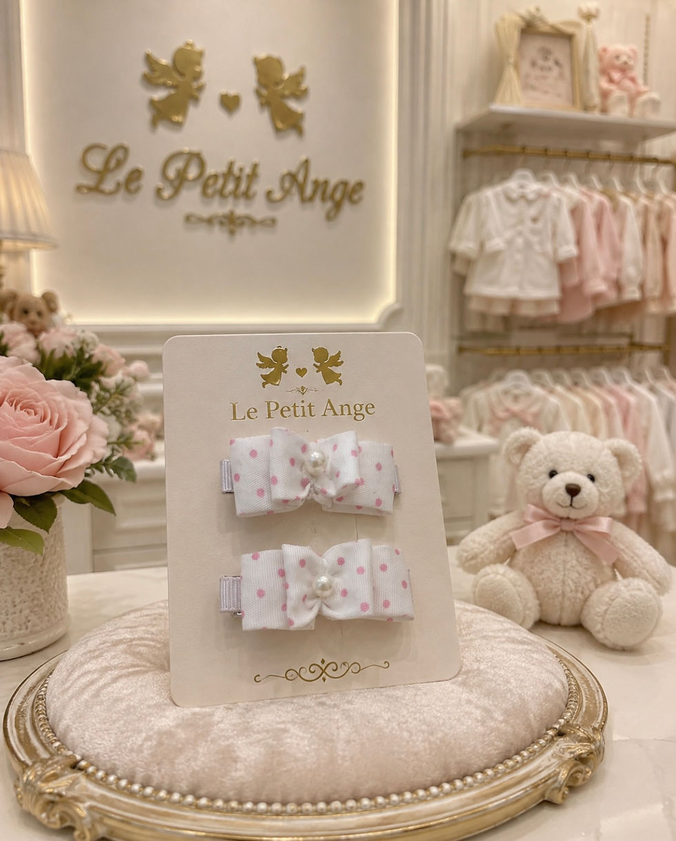Miniatura: Par de presilhas branca com poás rosa e perolinha
