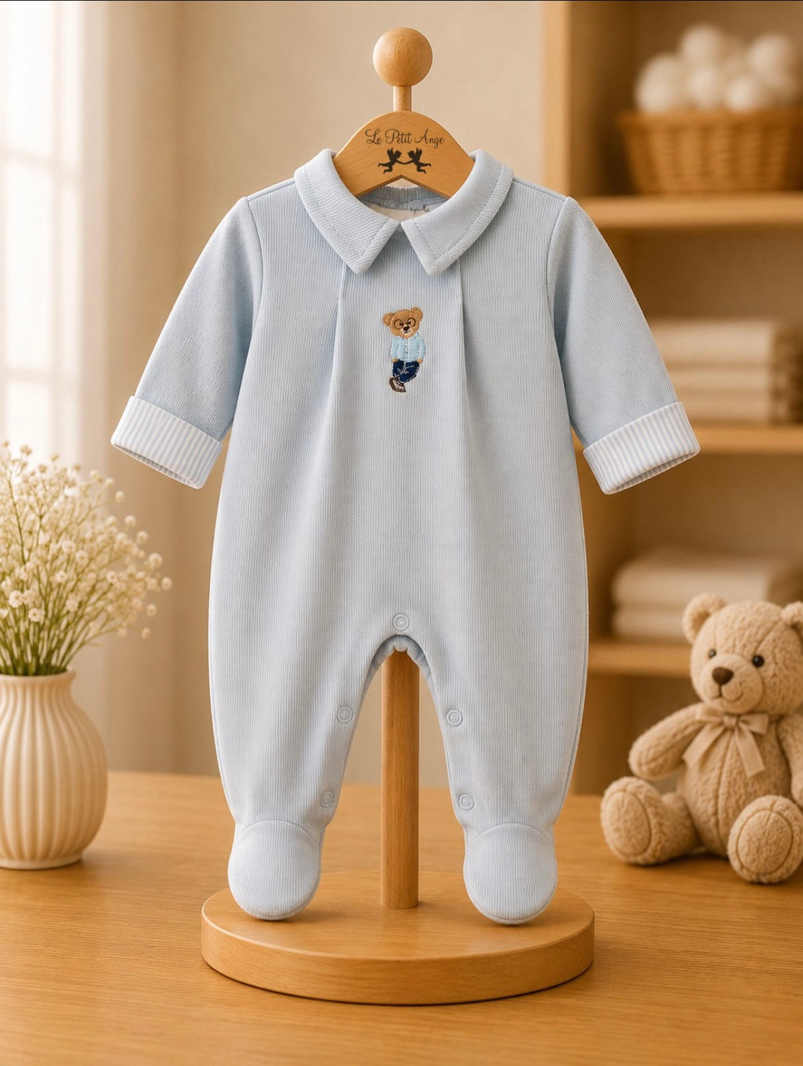 Macacão longo urso com óculos azul bebê 