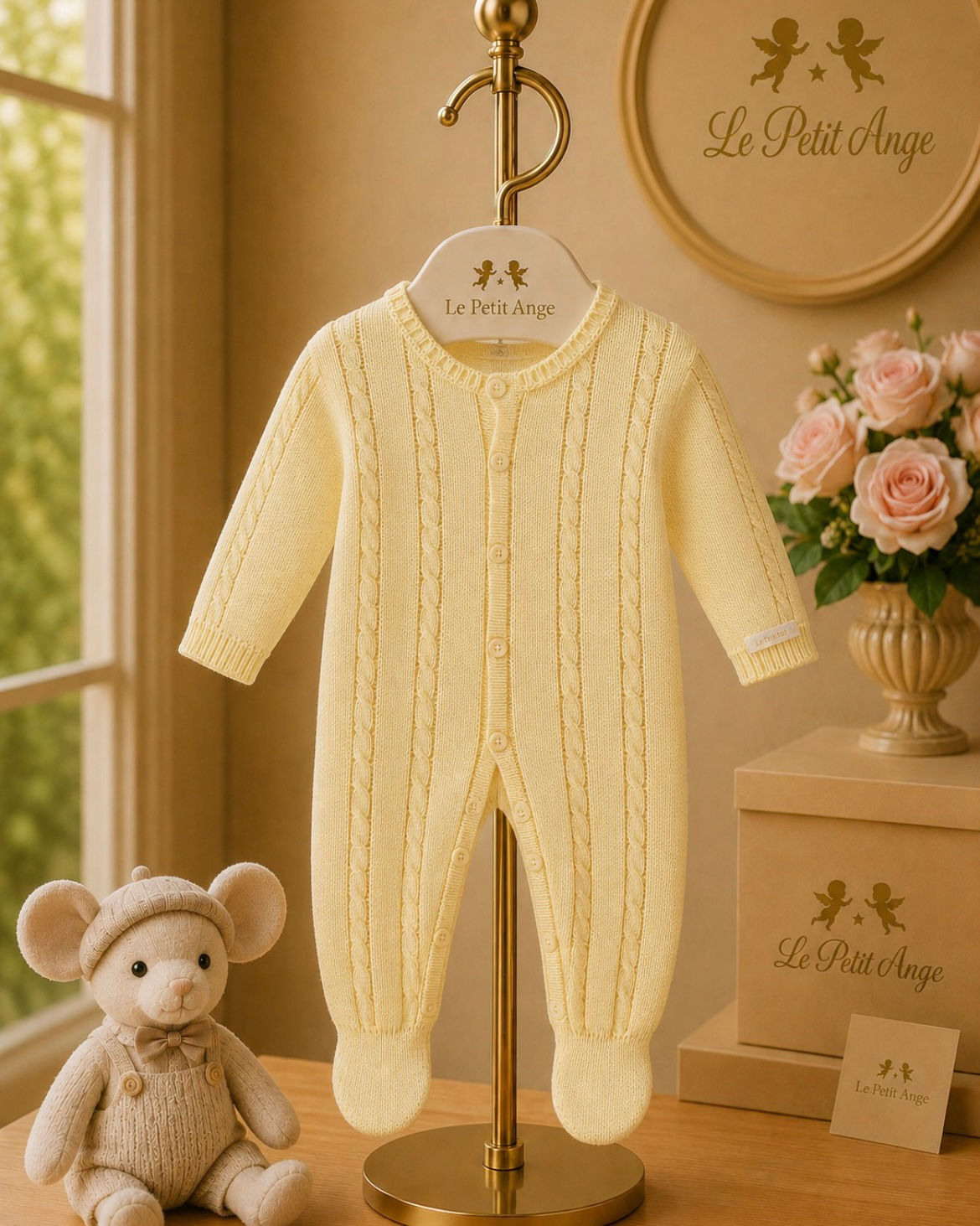 Macacão trança tricot amarelo com botões unissex 