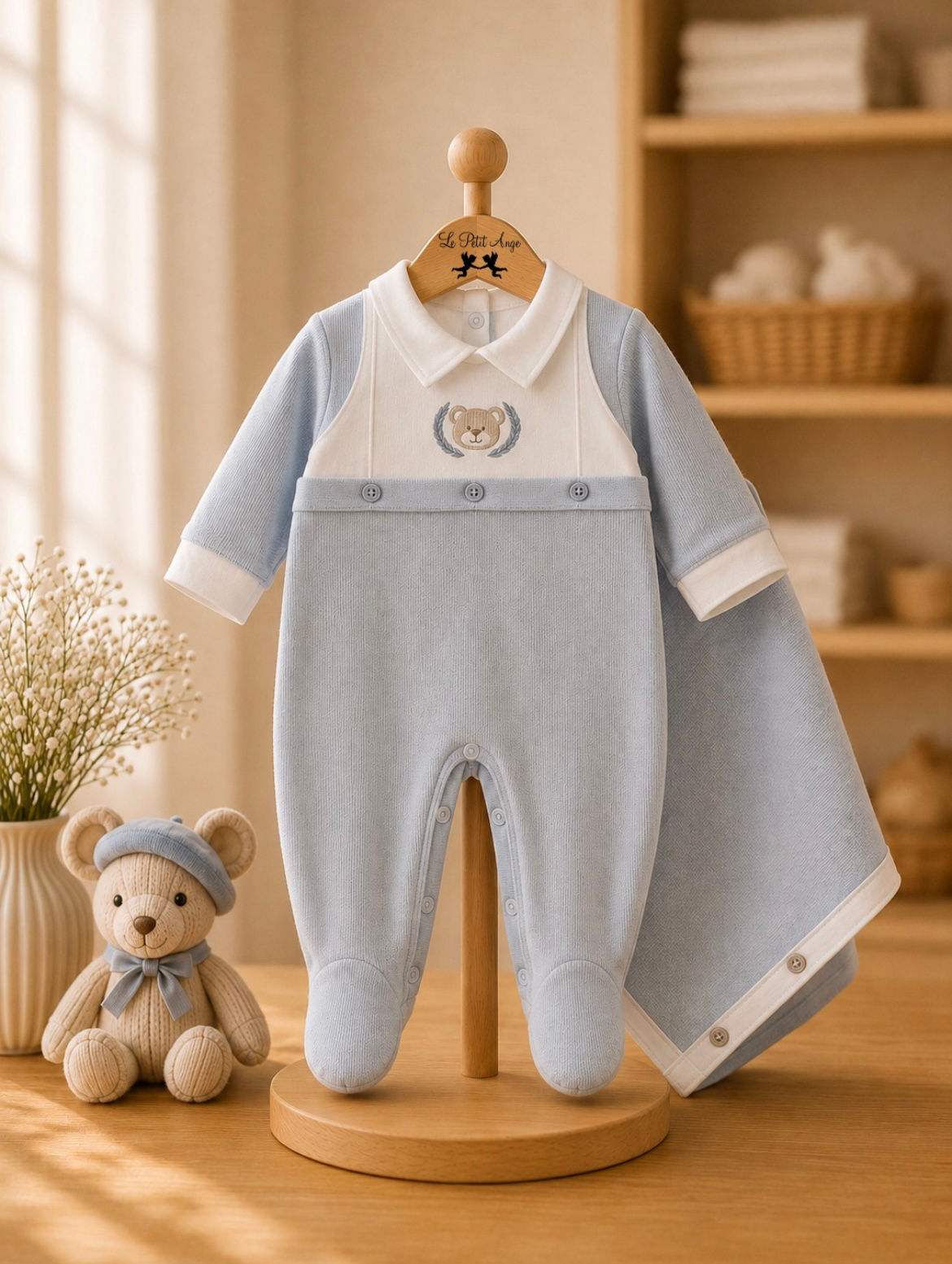 Conj maternidade macacão urso com manta azul bebê 