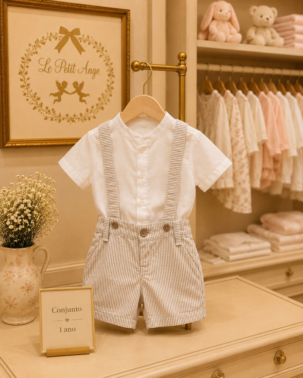 Conj Charlie camisa m/c com jardineira listrada bege