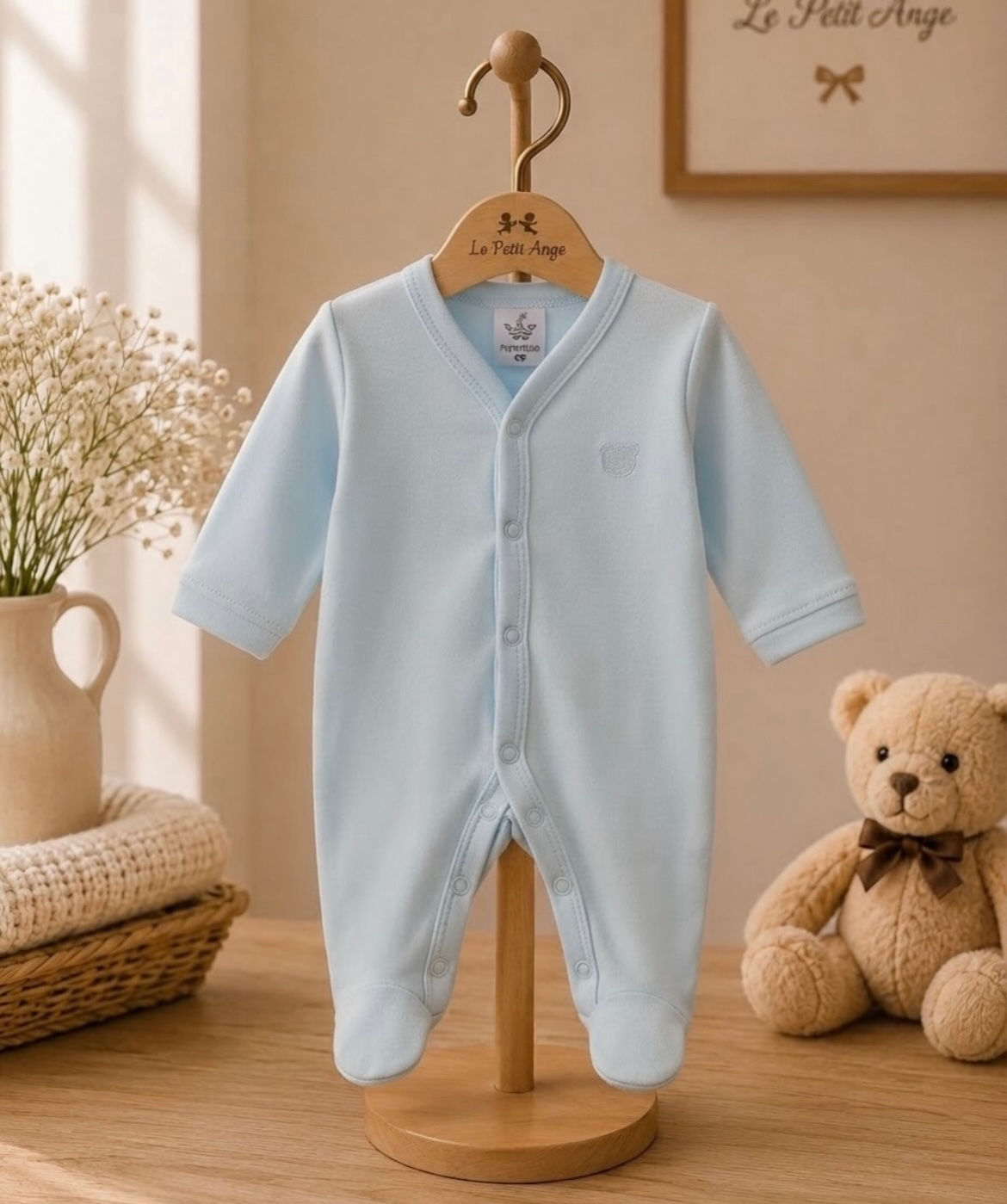 Macacão longo botões algodão egípcio azul - Coleção Teddy 
