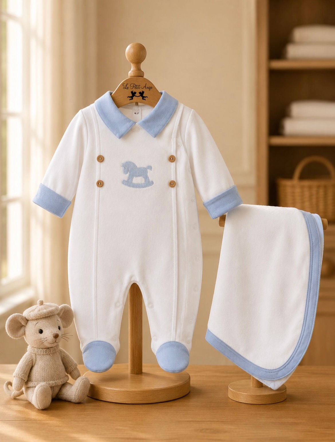 Conj maternidade macacão cavalinho com manta branco e azul 