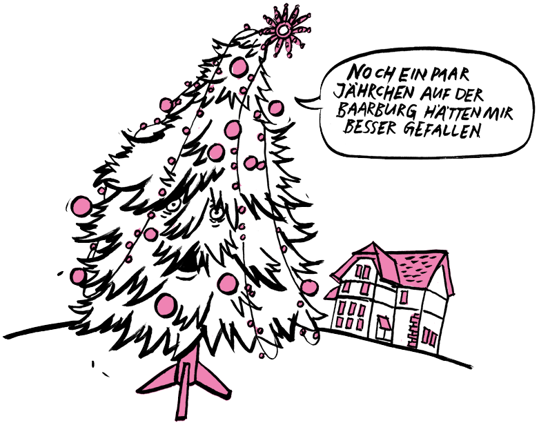 Eine Karikatur des Weihnachtsbaumes der Gemeinde Baar im Jahr 2024.