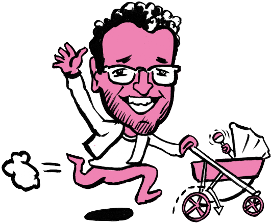 Eine Karikatur zeigt den Baarer Gemeinderat Z. Zaferi mit Kinderwagen im hohen Tempo rumrennen.