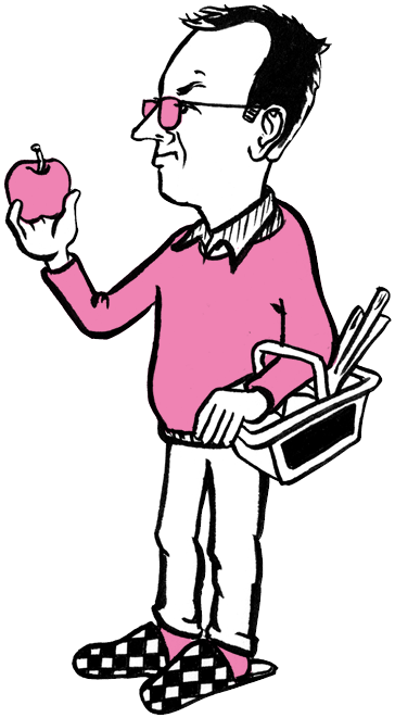 Eine Karikatur zeigt den Baarer Kirchenratspräsidenten T. Inglin in den Hausschuhen im Supermarkt.