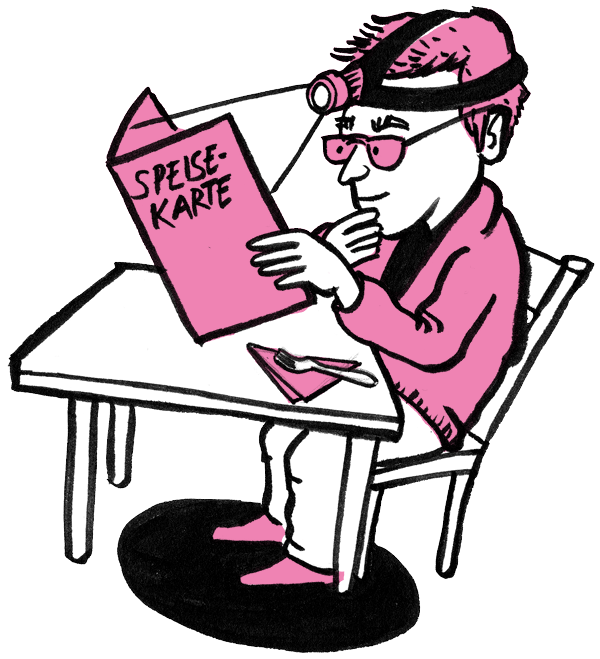 Eine Karikatur zeigt einen Gast im Baarer Restaurant Neumühle, welcher mit einer Stirnlampe die Speisekarte liest.