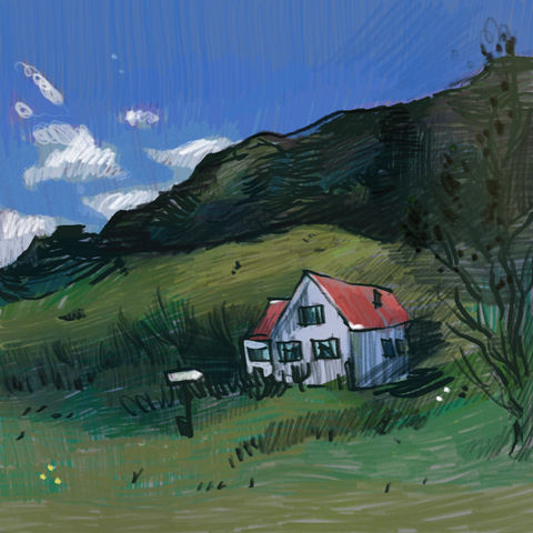 Drawing of an Icelandic home at the bottom of a hillside.
