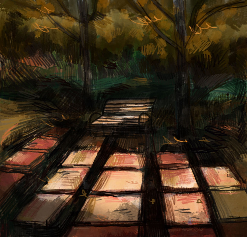 Drawing of a bench under a tree but more layers