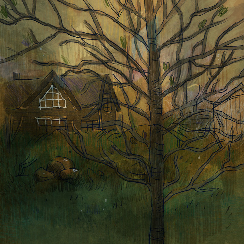 Drawing of a tree with a house in the background, the sky is light like dawn.