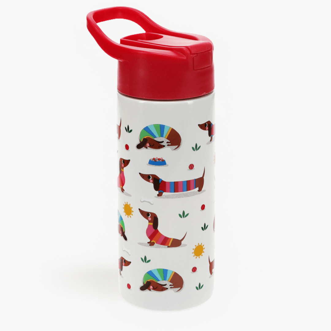 Botella de agua infantil - Perro Salchicha (acero inoxidable con pajita, 500 ml)