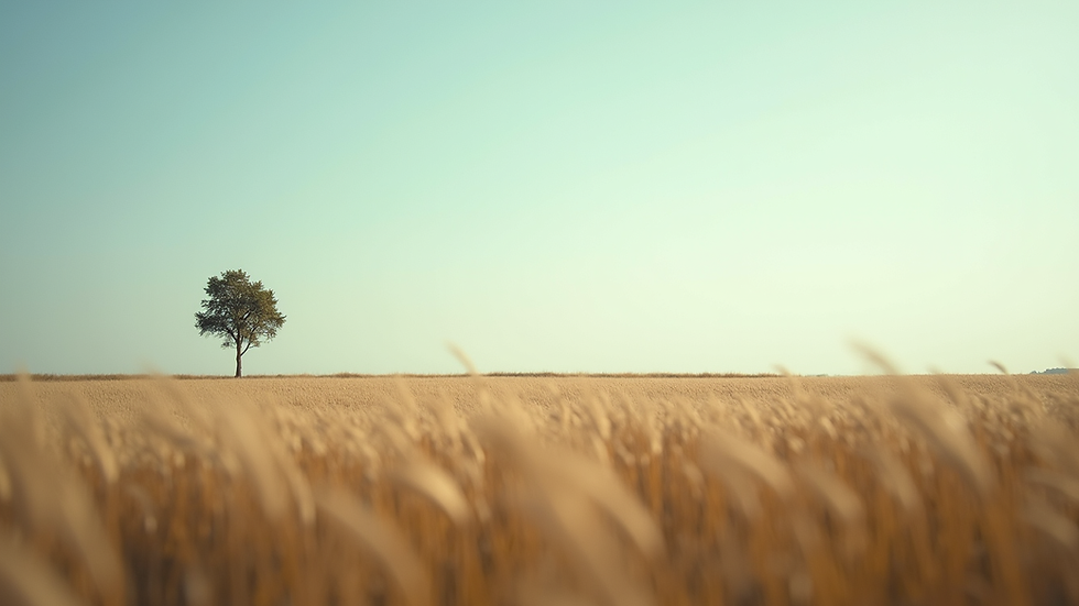 Eye-level view of a serene landscape with a single tree standing tall