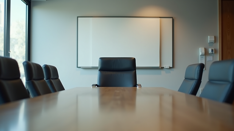 Eye-level view of a modern office conference room with a single chair at the head of the table