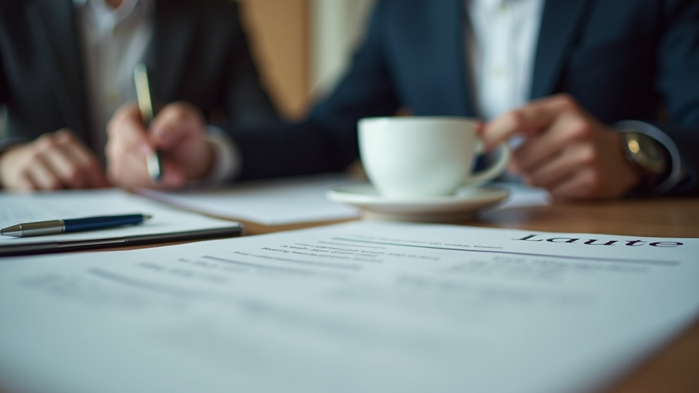 Close-up of a law firm client meeting with documents and coffee on the table
