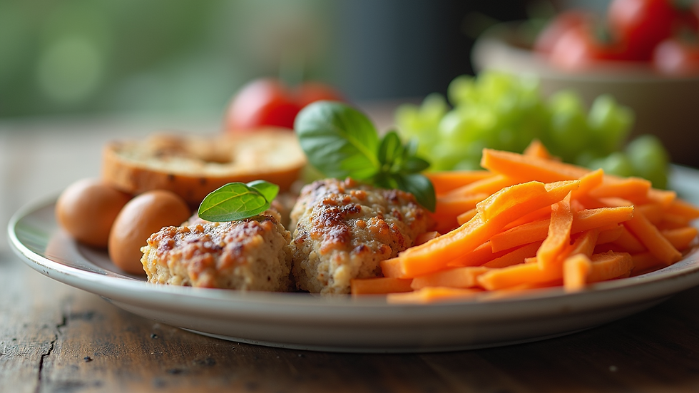 Eye-level view of a colorful plate with balanced healthy foods