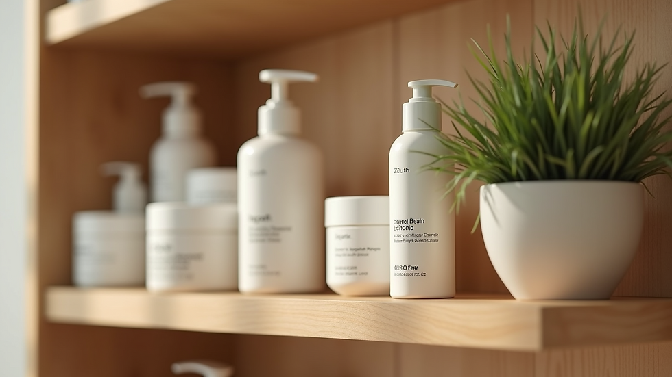 Eye-level view of a wooden shelf displaying organic skincare products