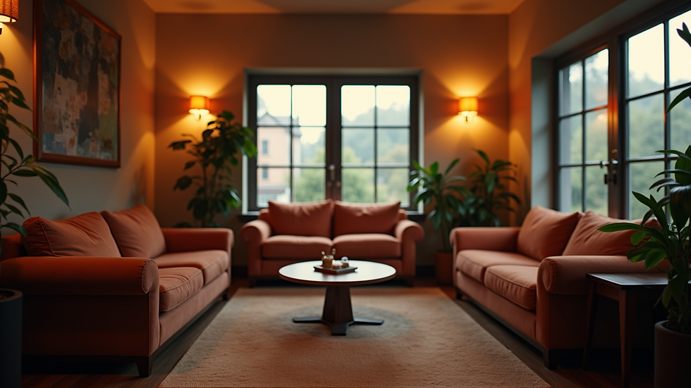 Eye-level view of a cozy gathering space with comfortable seating and ambient lighting