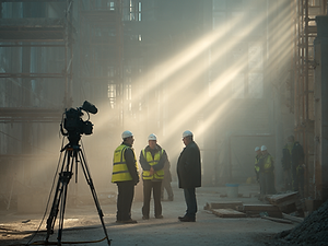 cinematic image of video production on construction site