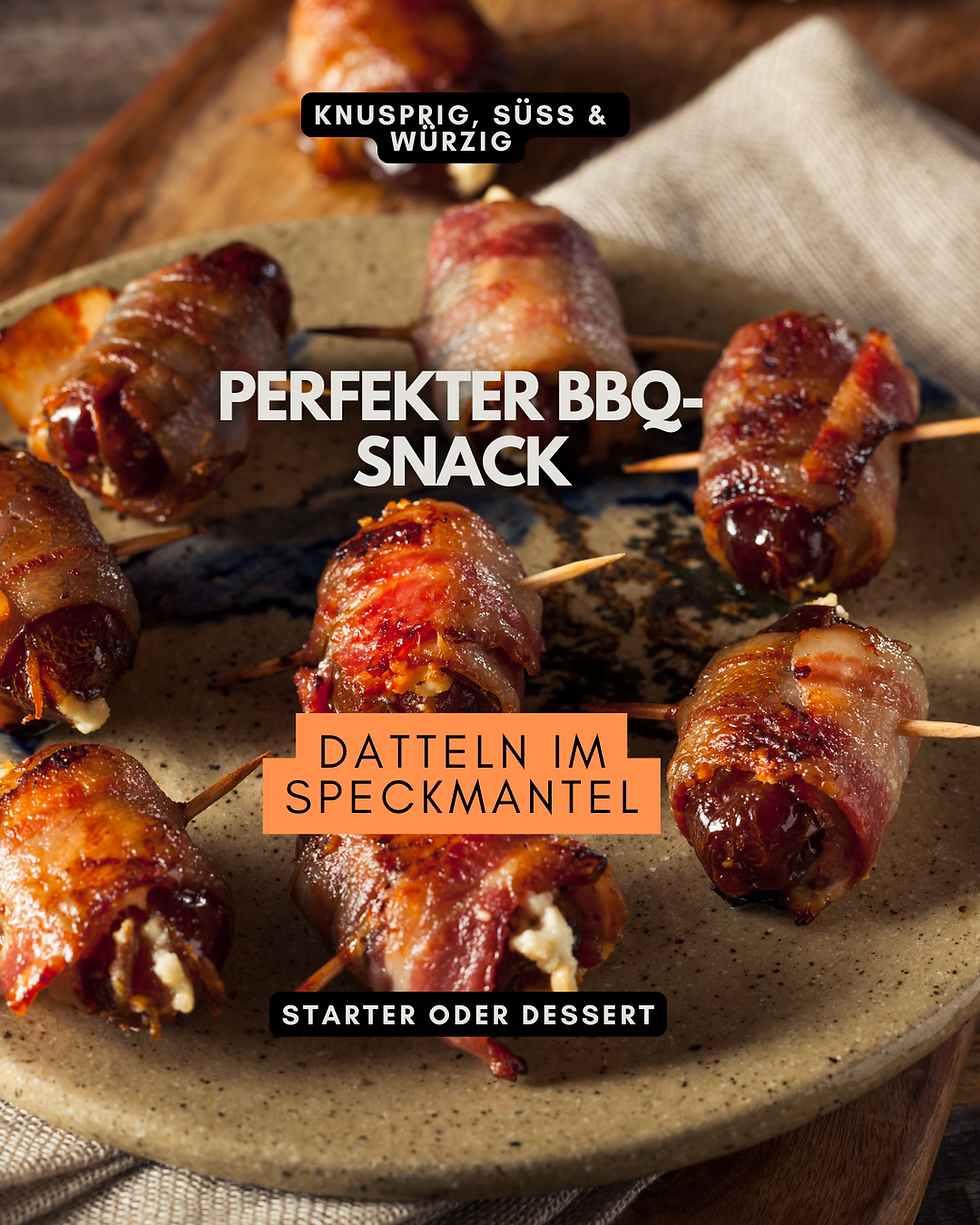 Knusprige Datteln im Speckmantel, angerichtet mit frischem Thymian & Honig