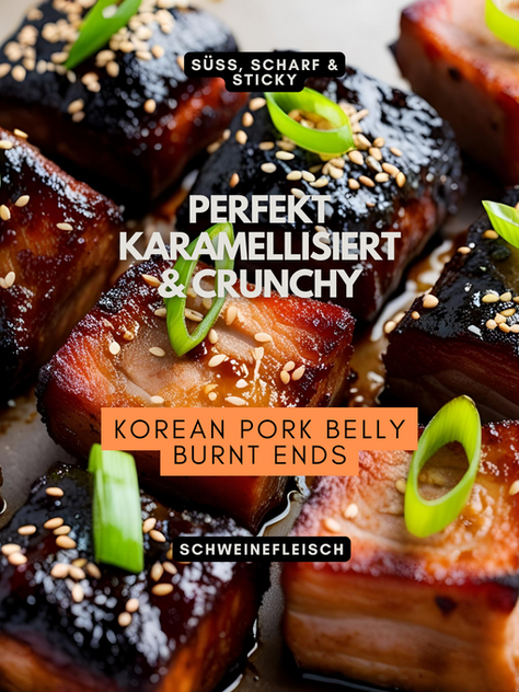 Perfekt glasierten Pork Belly Burnt Ends mit knuspriger, karamellisierter Kruste und einer würzig-süßen Korean-BBQ-Glasur. Getoppt mit geröstetem Sesam & Frühlingszwiebeln