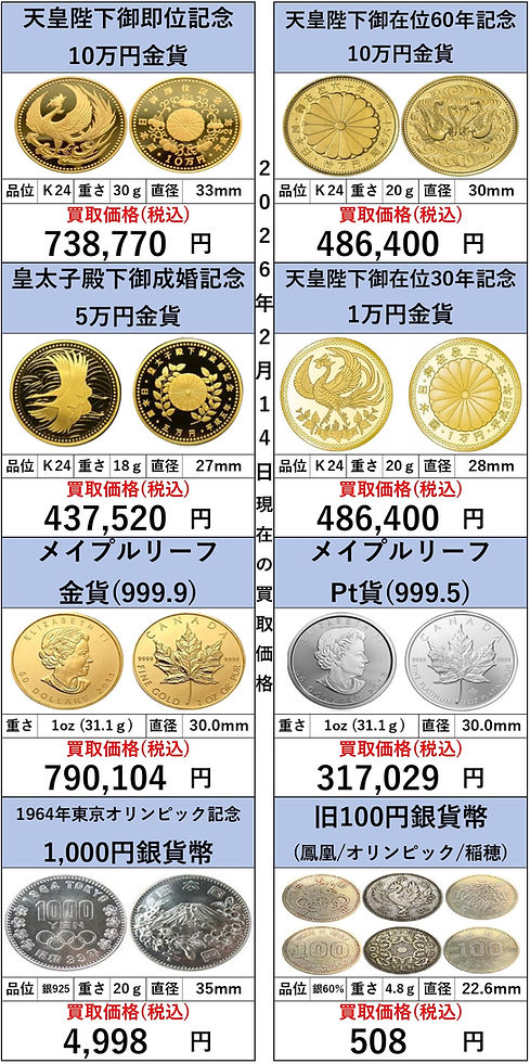 20260214 金貨高価買取 OLDLAB オールドラボ 金 GOLD プラチナ Pt 買取価格表 買取相場 買取金額 高価買取 高い 買取専門店 買取店 安心 金沢 金沢市 北