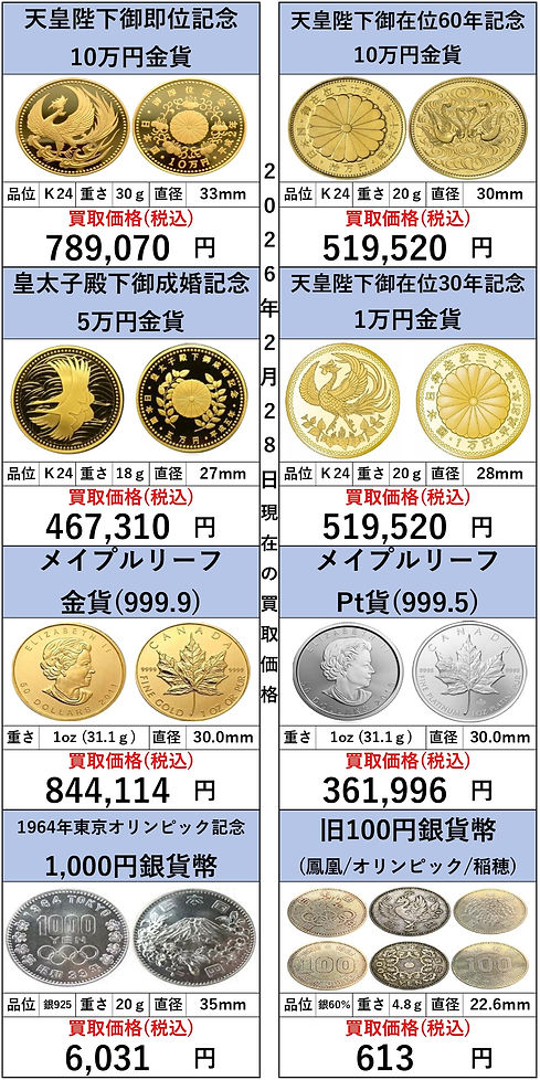 20260228 金貨高価買取 OLDLAB オールドラボ 金 GOLD プラチナ Pt 買取価格表 買取相場 買取金額 高価買取 高い 買取専門店 買取店 安心 金沢 金沢市 北