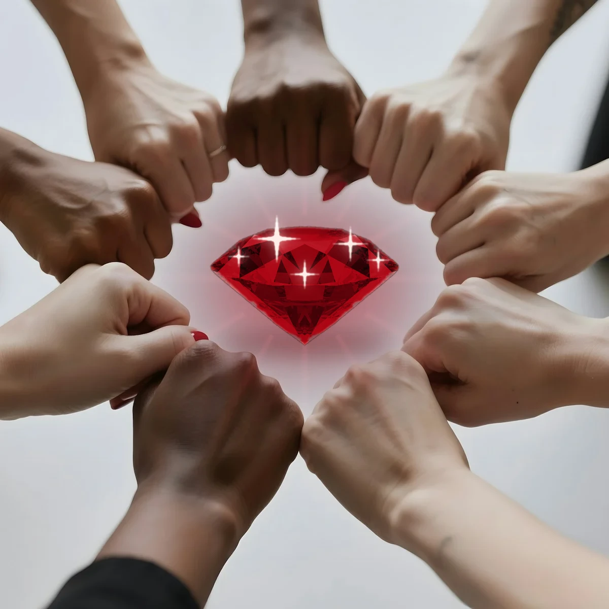 Hands of many skin tones joined in a circle around a red diamond