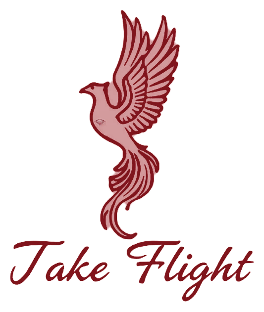 Red phoenix in flight above the words Take Flight